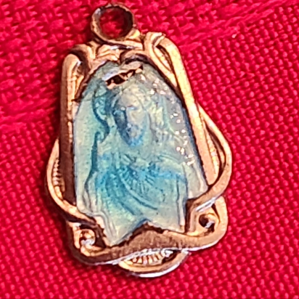 Vintage Art Nouveau scapular blue enamel Jesus pendant (no chain)